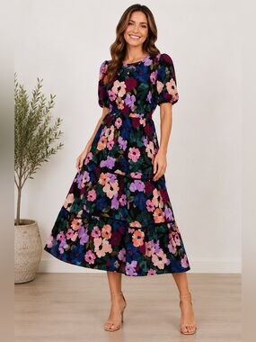 🌺✨Clover &‎ Sloane Floral Puff Sleeve Midi Dress Black Multicolor Size 10✨🌺